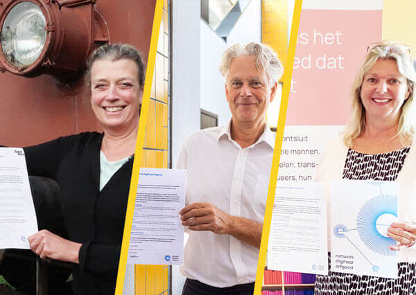 Op deze foto tonen Edith den Hartigh, voorzitter van Mobiele Collectie Nederland, Lonneke van den Hoonaard, directeur van IHLIA, en Paul Broekhoff, zakelijk directeur van Kunstmuseum Den Haag, het ondertekende NDE-manifest